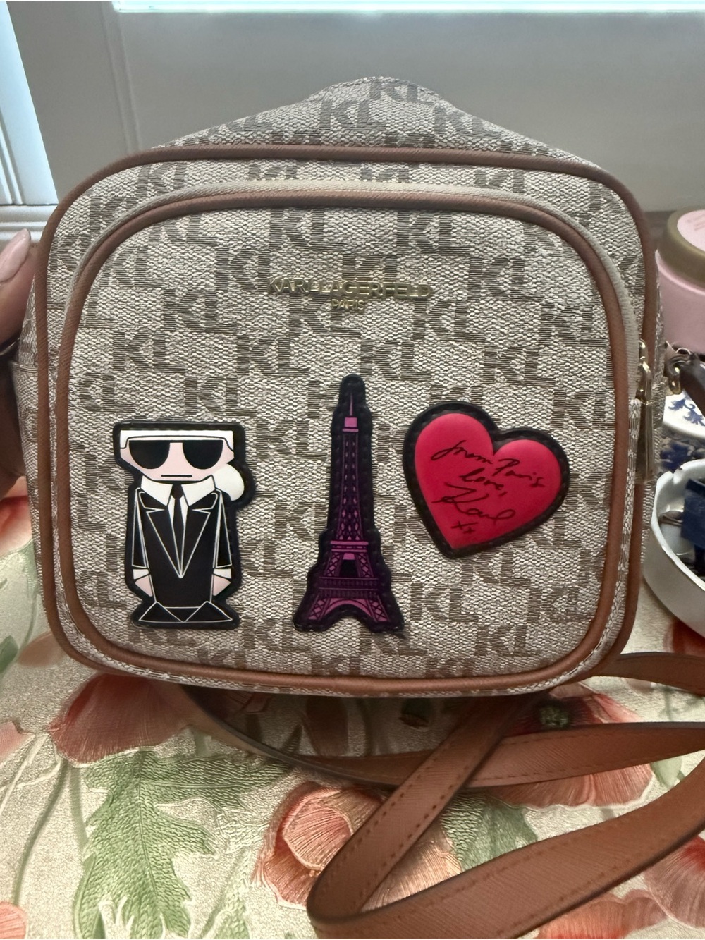 Karl Lagerfeld Beige and Brown Logo Crossbody with Pink and Purple Patches